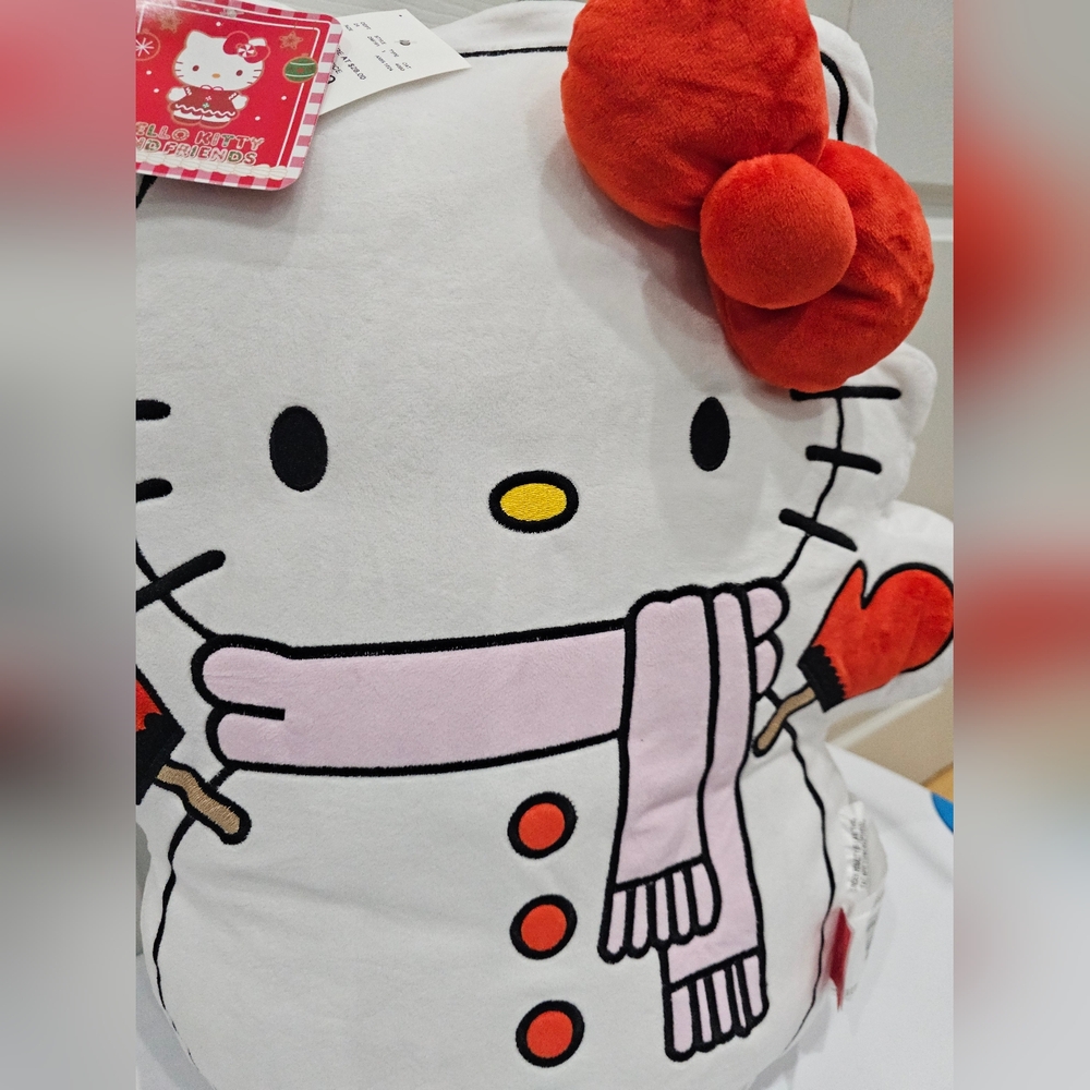 Cute Large Hello Kitty White Christmas Snowman Winter Holiday Seasonal Pillow - Picture 8 of 10